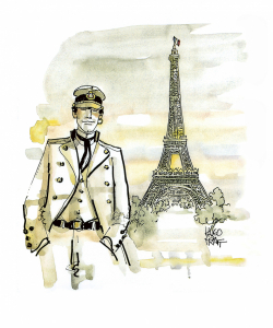 Estampe pigmentaire Pratt « Parigi ». Tirage de luxe limité à 500 ex. Certificat d’authenticité. Format 40×50 cm. Prix : 85 €. Supplément cadre 40 €